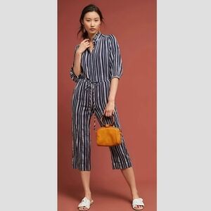 TROVATA Birds Of Paradise Striped 3/4 Sleeves Navy White Cropped Jumpsuit Small
